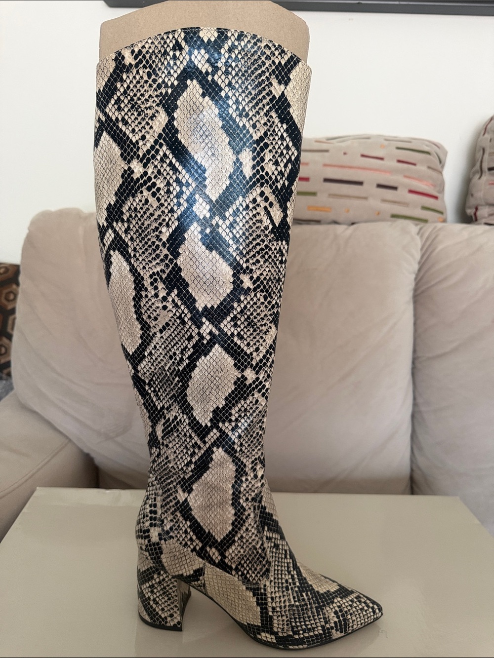 River Island Beige and Black Snake-Print Knee Boots